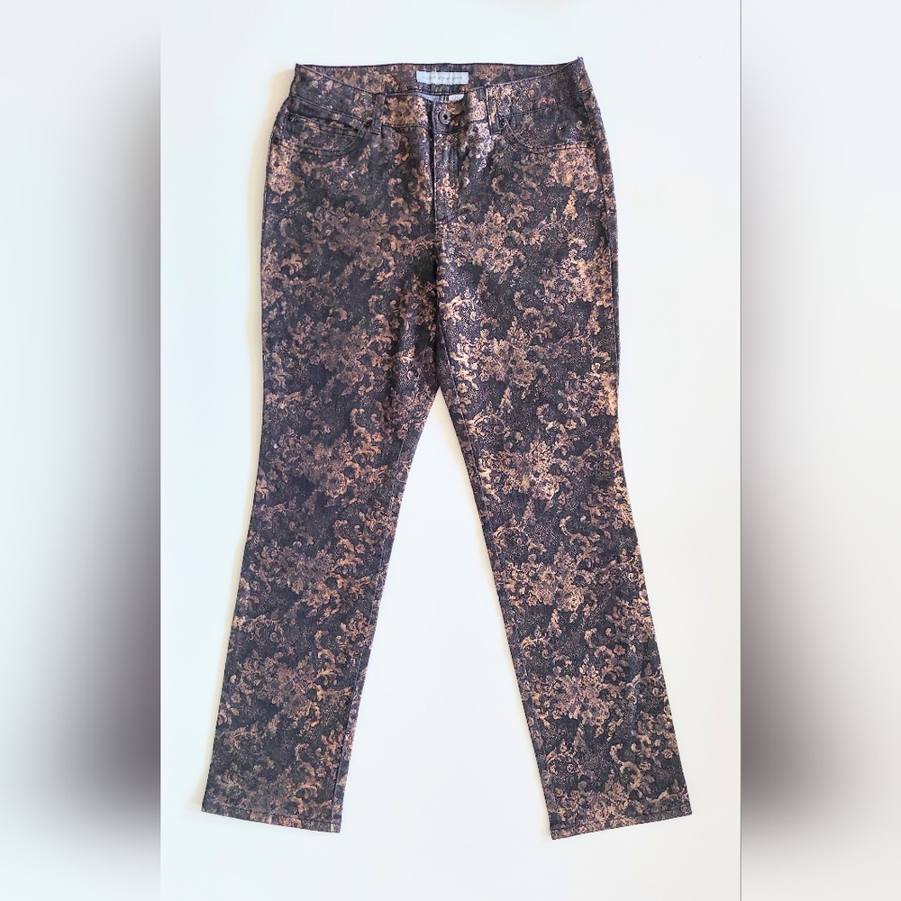 Chico's The Platinum Mid Rise Jeans Size 0.5 US 6 Copper Gold Jacquard Print